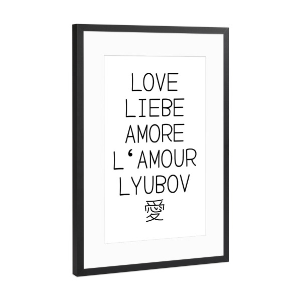 Poster mit Rahmen Schwarz (Metallic) "Liebe international" artboxONE - Typografie,Liebe