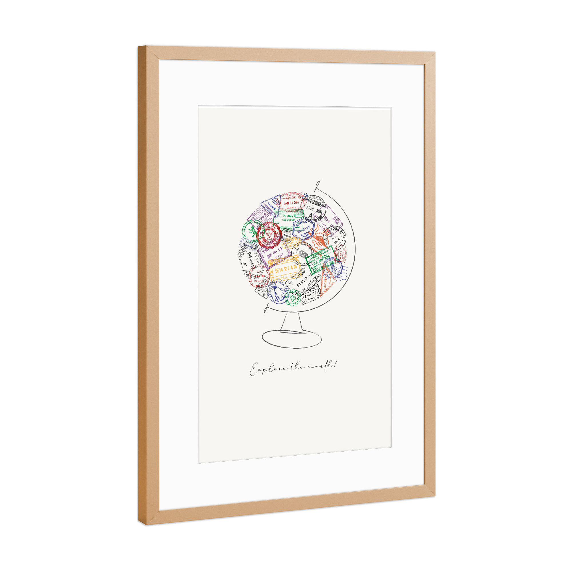 Poster mit Rahmen Kupfer "Globus-Passstempel" artboxONE - Reise