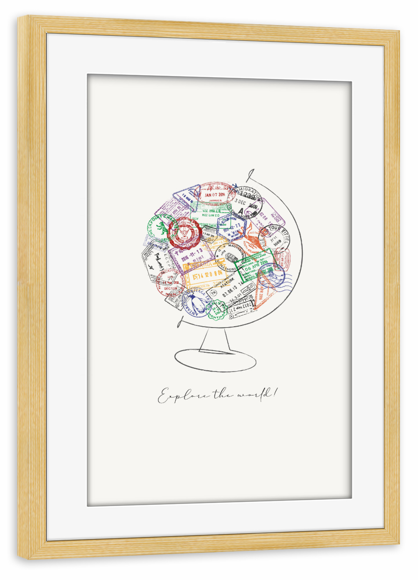 Poster mit Rahmen kiefer "Globus-Passstempel" artboxONE - Reise