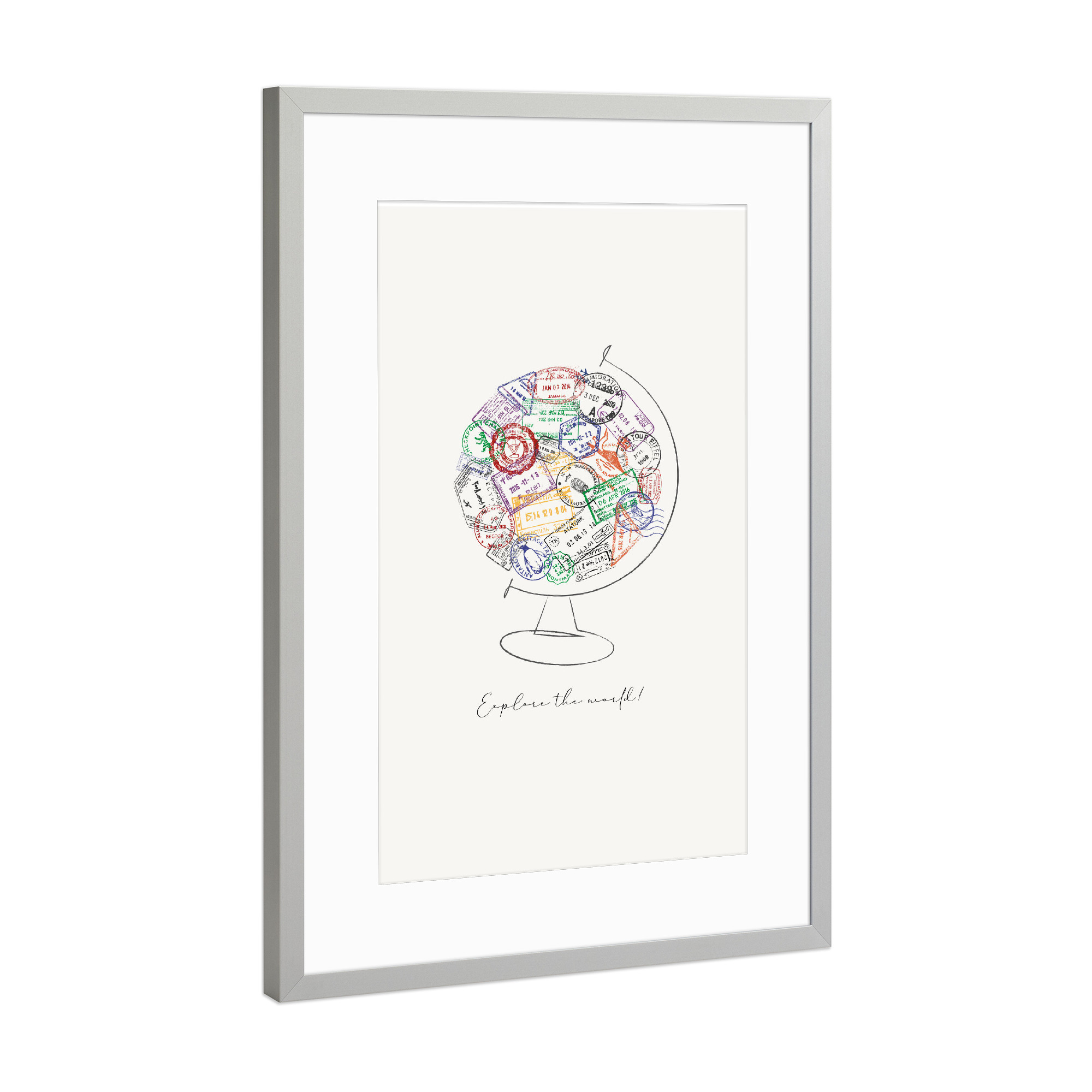 Poster mit Rahmen Silber "Globus-Passstempel" artboxONE - Reise