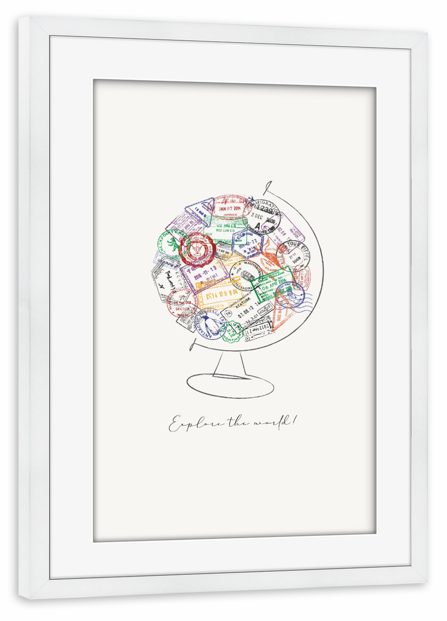 Poster mit Rahmen weiß "Globus-Passstempel" artboxONE - Reise