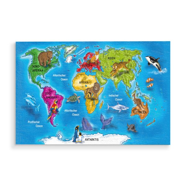 Holzbild "Weltkarte Globus Tiere" artboxONE - Für Kinder,Kartografie