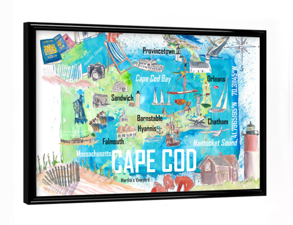 Poster mit schwarzem Rahmen "Cape Cod Massachusetts Reisekarte" artboxONE - Reise,Reise / Strand und Meer,Reise / Länder,Städte / Boston,Kartografie