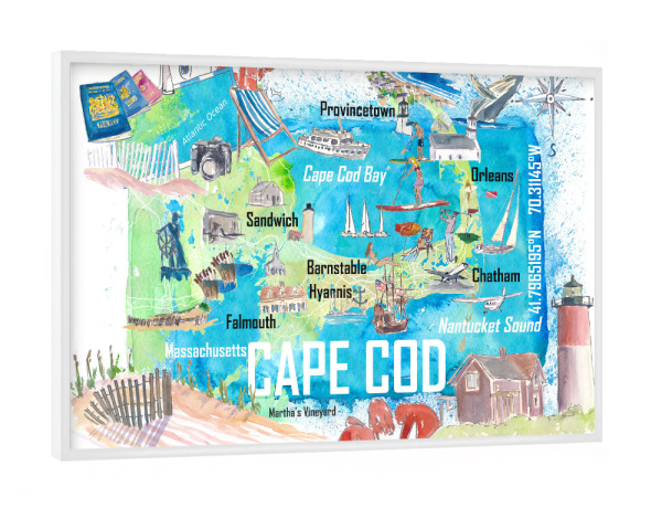 Poster mit weißem Rahmen "Cape Cod Massachusetts Reisekarte" artboxONE - Reise,Reise / Strand und Meer,Reise / Länder,Städte / Boston,Kartografie