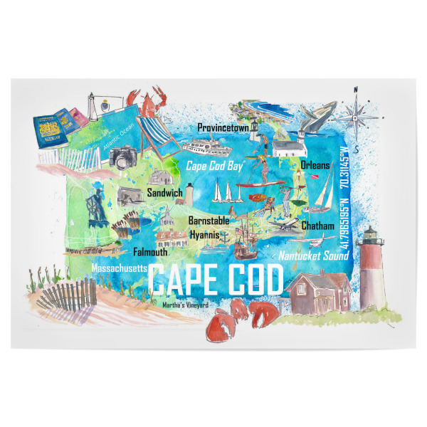Poster 30x20 cm "Cape Cod Massachusetts Reisekarte" artboxONE - Reise,Reise / Strand und Meer,Reise / Länder,Städte / Boston,Kartografie