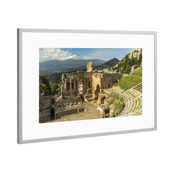Poster mit Rahmen Silber "Teatro Greco, Taormina" artboxONE - Natur,Reise,Architektur - Teatro greco,ätna,Taormina,Sizilien,Italien,Natur,Landschaft