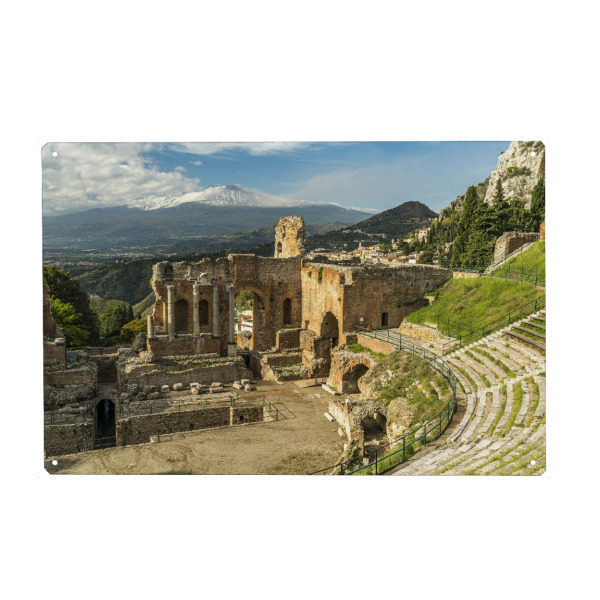 Holzbild "Teatro Greco, Taormina" artboxONE - Natur,Reise,Architektur - Teatro greco,ätna,Taormina,Sizilien,Italien,Natur,Landschaft