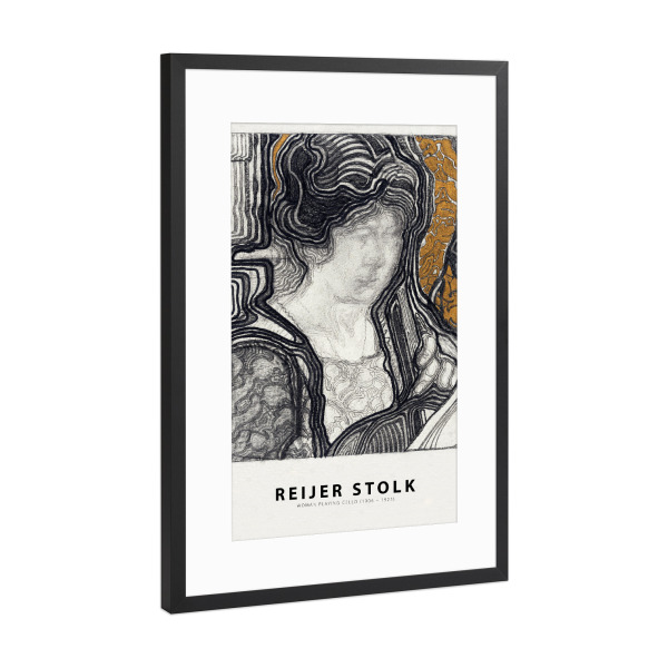 Poster mit Rahmen Schwarz (Metallic) "Stolk - Eine Frau spielt Cello" artboxONE - Typografie,Menschen
