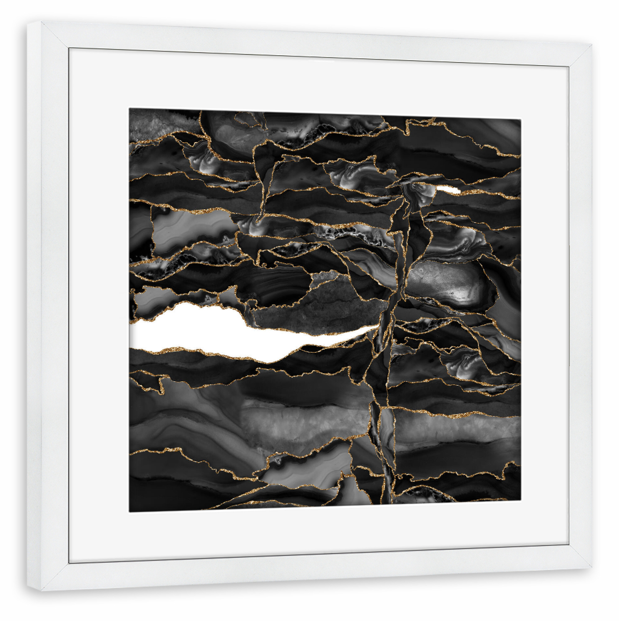 Poster mit Rahmen weiß "Schwarzer und goldener Achat" artboxONE - Abstrakt - Achat,Abstrakt,Geode,Schwarz,Gold,Glitzer,Edelstein,Modern,Marmor