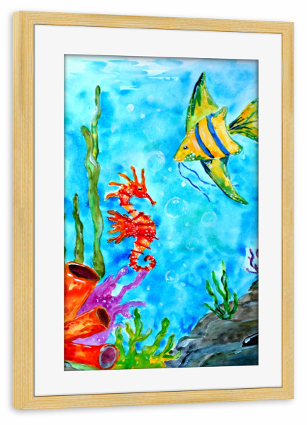 Poster mit Rahmen kiefer "Seepferdchen und Fisch Freunde" artboxONE - Natur,Für Kinder,Tiere,Unterwasser