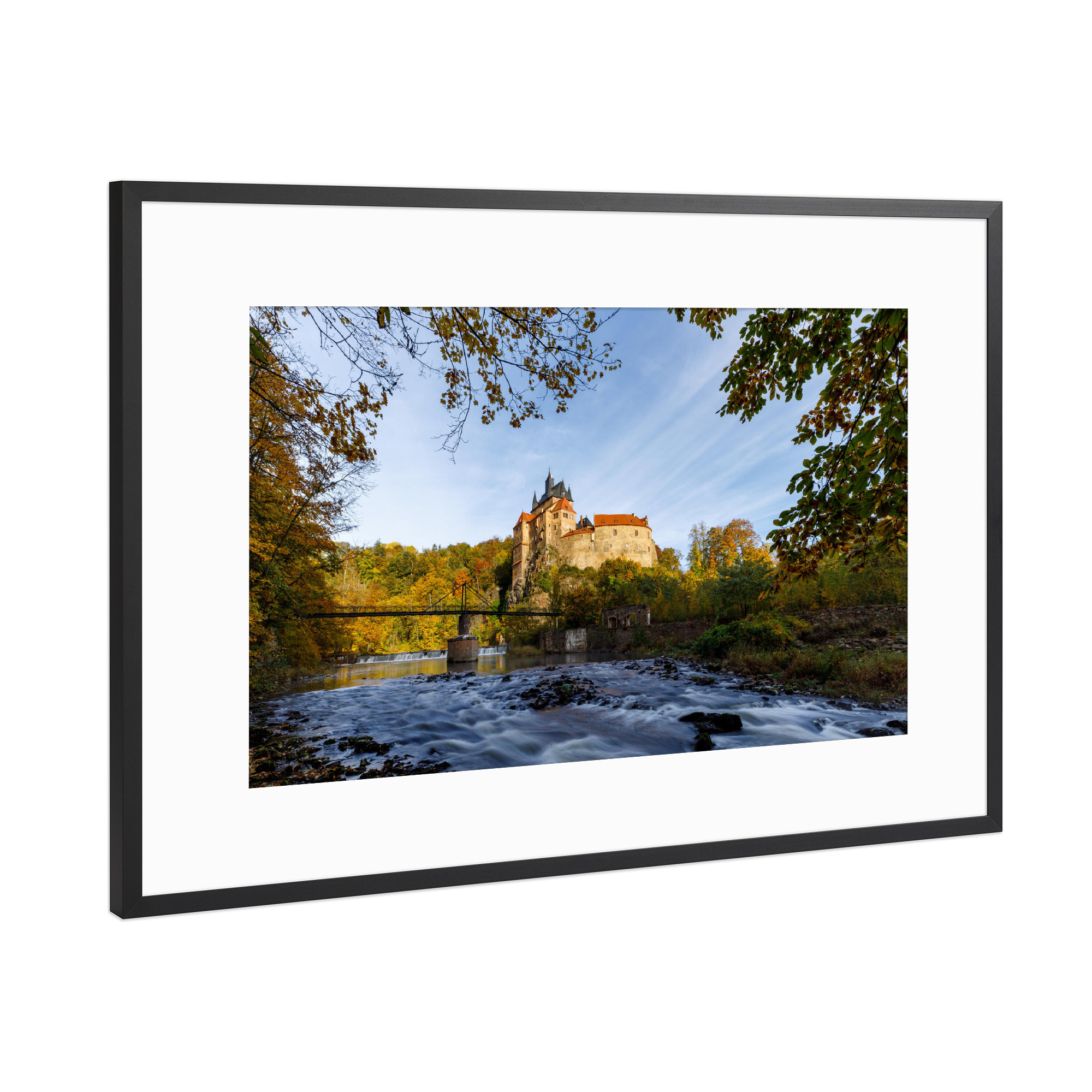Poster mit Rahmen Schwarz (Metallic) "Burg Kriebstein am Morgen" artboxONE - Natur,Architektur