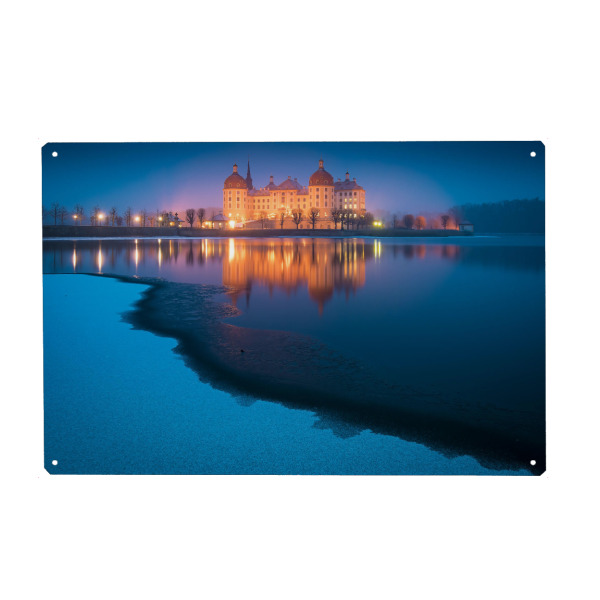 Holzbild "Winter in Moritzburg" artboxONE - Natur,Reise,Weihnachten - Dresden,Sachsen,Schnee,Deutschland,Lichter,Abend