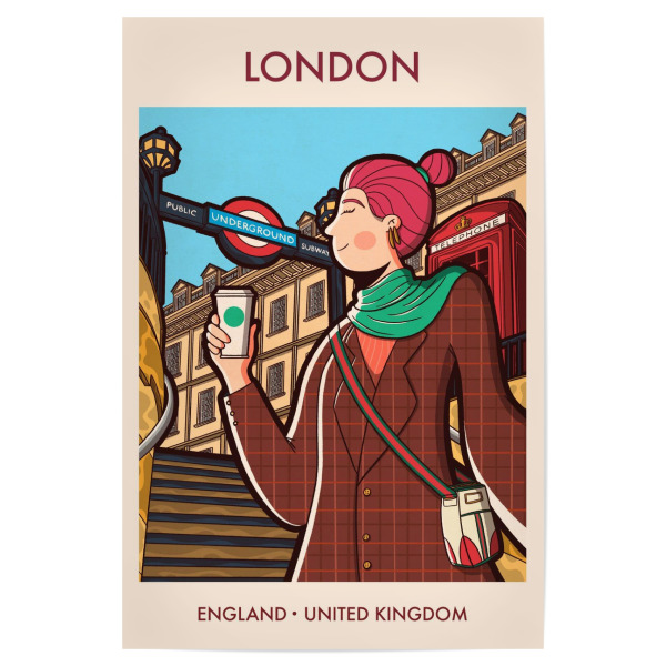 Poster 30x20 cm "Girl London" artboxONE - Städte / London,Essen & Trinken,Menschen,Fashion - Mädchen,Frau,Reise,Stadt,London,Illustration,Mode,Bunt