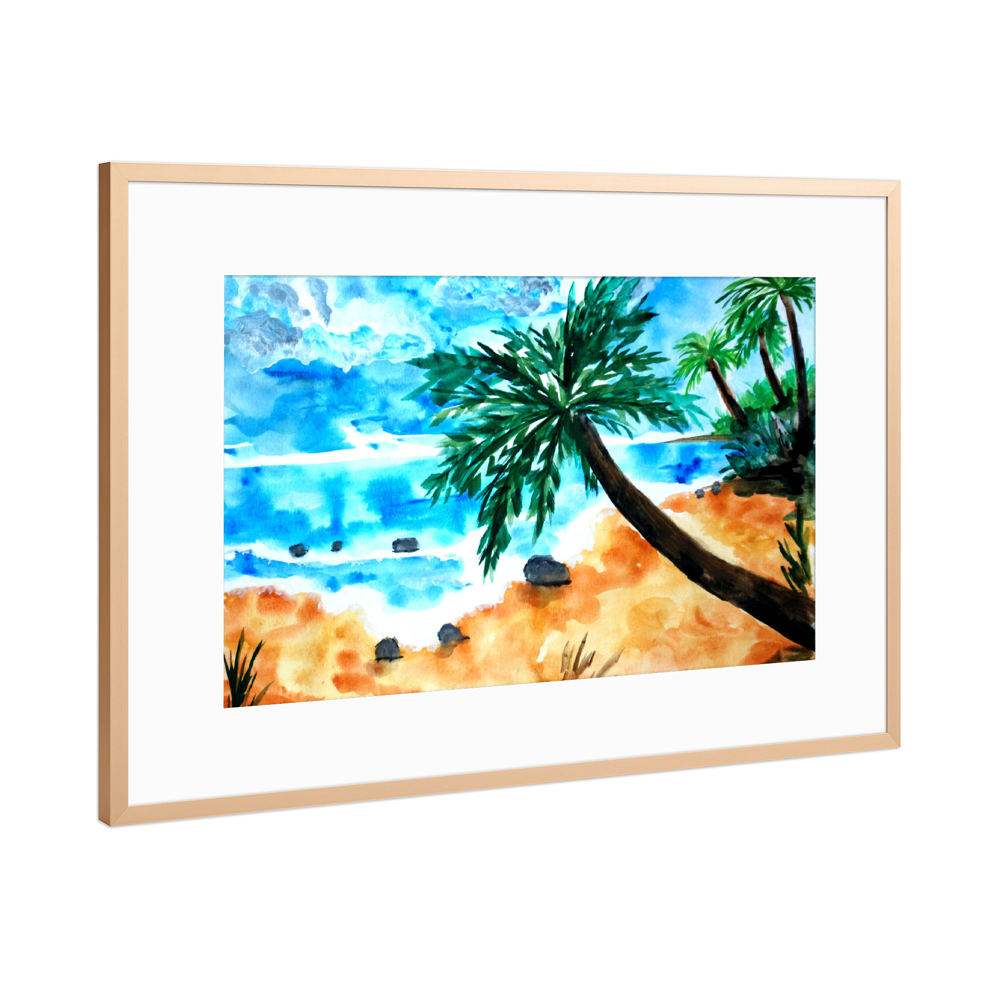 Poster mit Rahmen Kupfer "Tropischer Sandstrand mit Palmen" artboxONE - Natur,Reise,Reise / Strand und Meer
