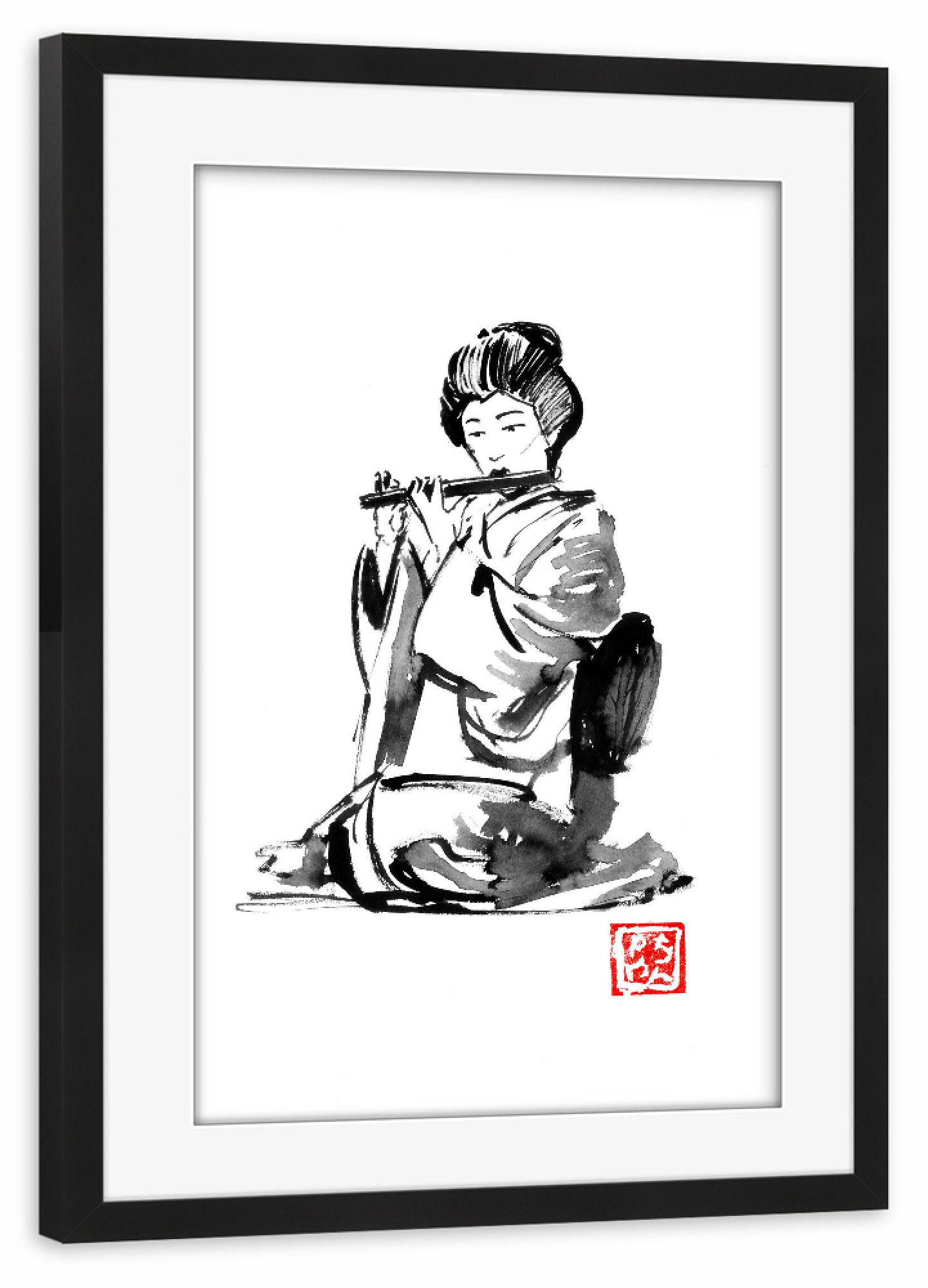 Poster mit Rahmen schwarz "Geisha-Flötenspieler" artboxONE - Schwarzweiß,Reise / Asien - Geisha,Japan,Sumie,Flöte