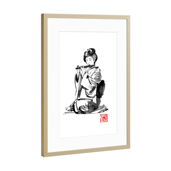 Poster mit Rahmen Gold "Geisha-Flötenspieler" artboxONE - Schwarzweiß,Reise / Asien - Geisha,Japan,Sumie,Flöte