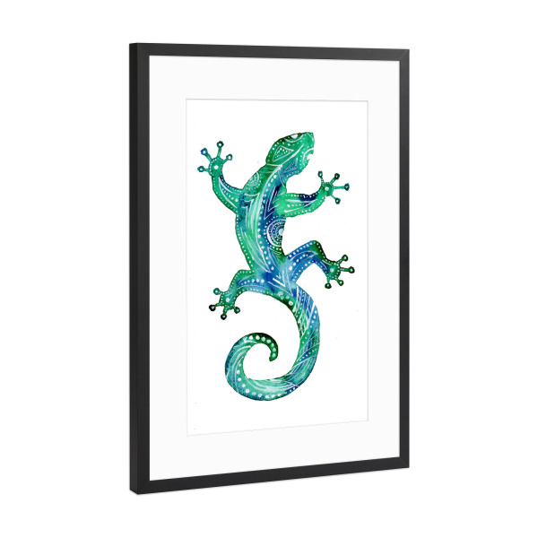 Poster mit Rahmen Schwarz (Metallic) "Türkiser Gecko Tribal Tattoo" artboxONE - Natur,Für Kinder,Tiere