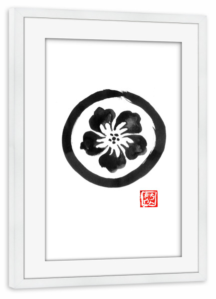 Poster mit Rahmen weiß "Hibiskus-Logo" artboxONE - Floral,Schwarzweiß - Hibiskus,Sumie,Japan,Blume,Hawaii