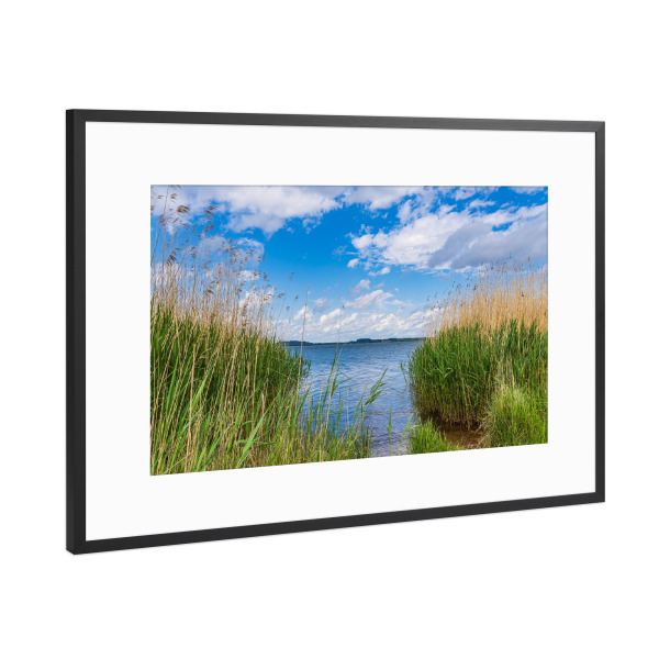 Poster mit Rahmen Schwarz (Metallic) "See, Wolken, Schilf" artboxONE - Natur,Reise