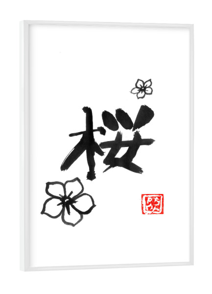 Poster mit weißem Rahmen "Sakura-Kanji" artboxONE - Typografie,Buchstaben - Sumie,Japan,Blume