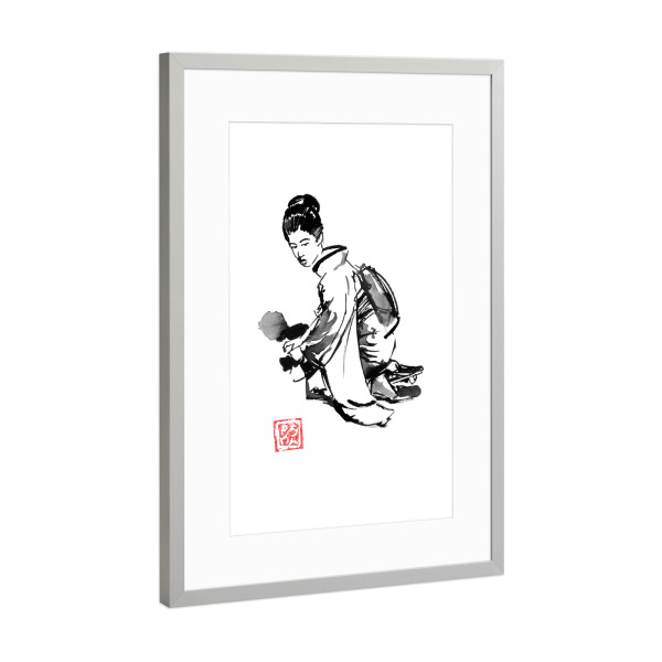 Poster mit Rahmen Silber "Geisha hebt ab" artboxONE - Menschen,Schwarzweiß,Reise / Asien - Geisha,Sumie,Japan