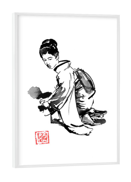 Poster mit weißem Rahmen "Geisha hebt ab" artboxONE - Menschen,Schwarzweiß,Reise / Asien - Geisha,Sumie,Japan