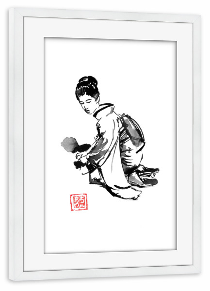 Poster mit Rahmen weiß "Geisha hebt ab" artboxONE - Menschen,Schwarzweiß,Reise / Asien - Geisha,Sumie,Japan