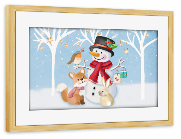 Poster mit Rahmen kiefer "Schneemann, Fuchs und Hase" artboxONE - Für Kinder,Tiere,Weihnachten