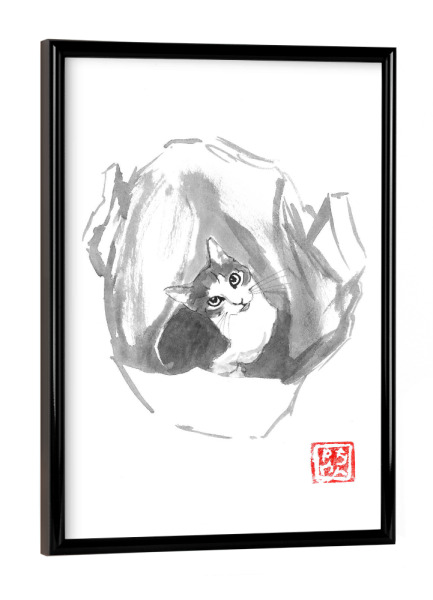 Poster mit schwarzem Rahmen "Cat in bag" artboxONE - Tiere,Schwarzweiß - Katze,Neko,Sumie,Japan,Schwarzweiß