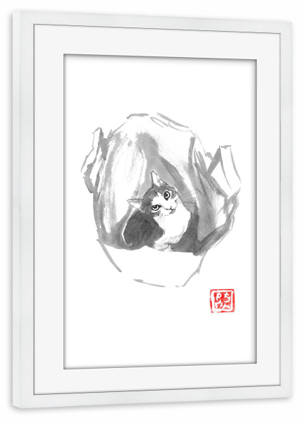 Poster mit Rahmen weiß "Cat in bag" artboxONE - Tiere,Schwarzweiß - Katze,Neko,Sumie,Japan,Schwarzweiß