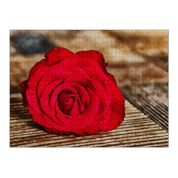Puzzle Ravensburger "Rote Rose auf Holztisch" artboxONE - Natur - Rose,Rote rose,Blume,Natur,Liebe - Bild rose