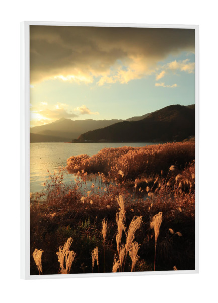 Poster mit weißem Rahmen "Sonnenuntergang Fuji fünf Seen" artboxONE - Natur,Reise - See,Berg,Sonnenuntergang,Sepia
