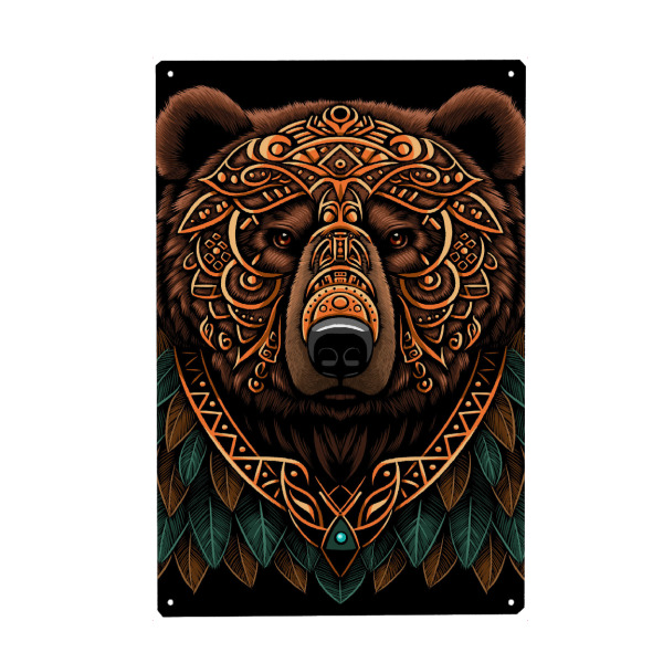 Holzbild "Bear Grizzly Stammeshäuptling" artboxONE - Tiere,Comic - Traumfänger,Bär,Grizzly,Ureinwohner,Federn,Tätowierung,Maya,Azteken,Tier,Indianer