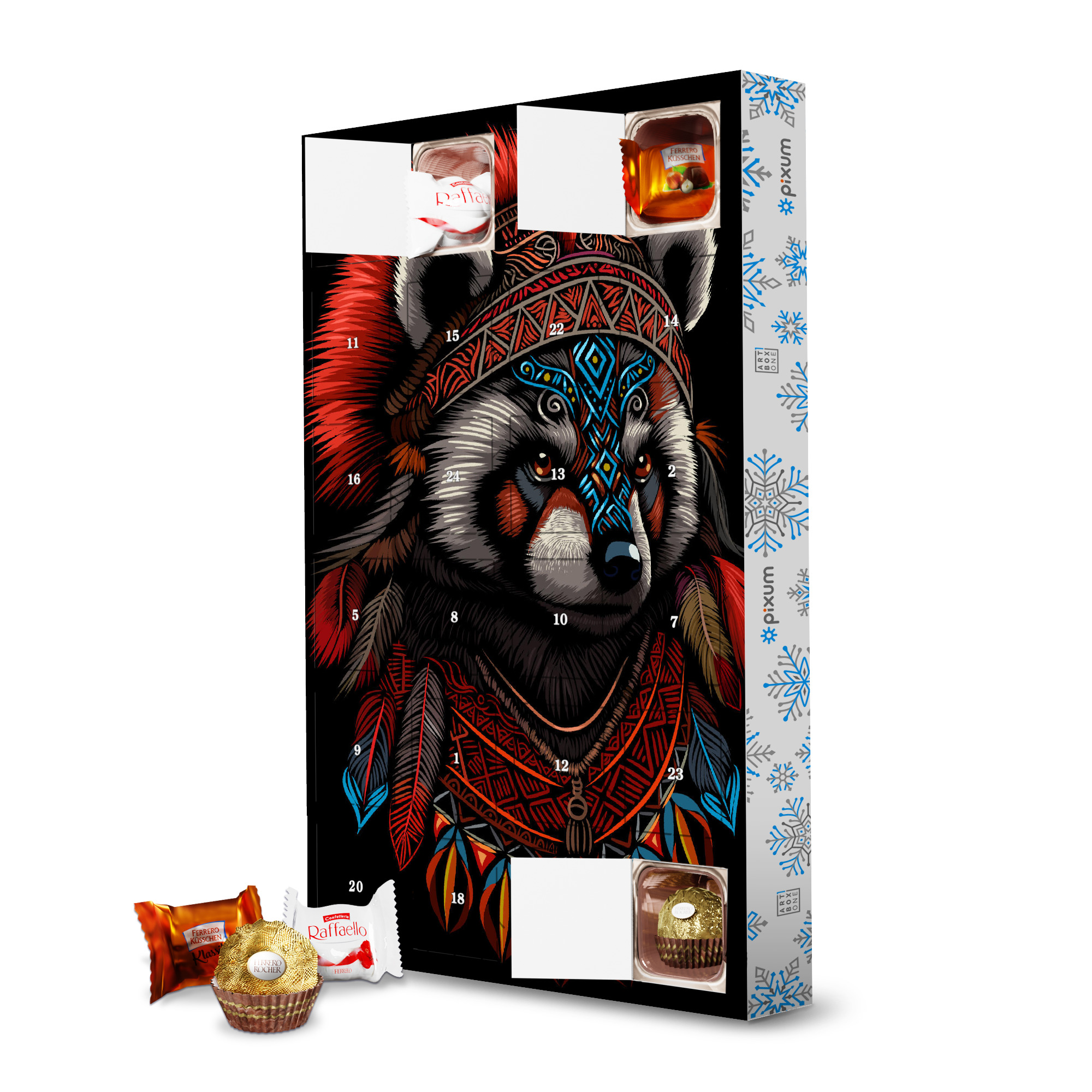 Adventskalender mit Ferrero Pralinen Indianerhäuptling roter Panda artboxONE Adventskalender Tiere