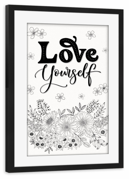 Poster mit Rahmen schwarz "Love Yourself. Mit Line-Art Blumen" artboxONE - Typografie,Floral,Schwarzweiß,Liebe