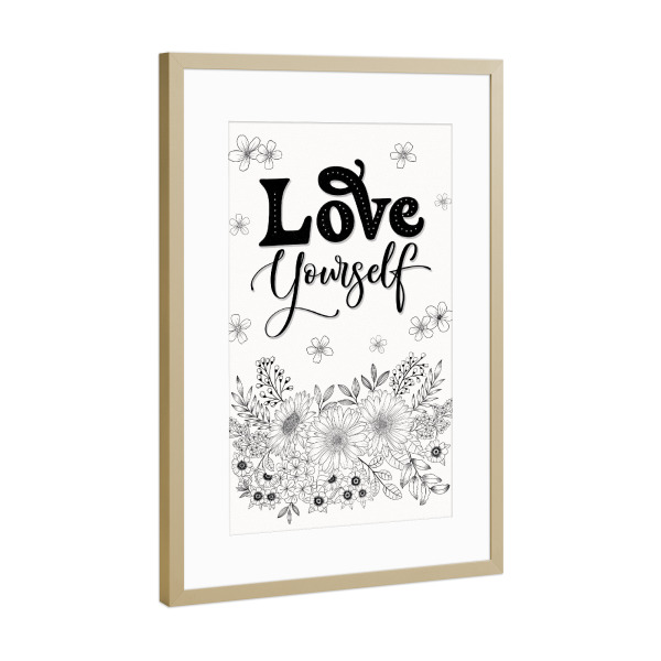 Poster mit Rahmen Gold "Love Yourself. Mit Line-Art Blumen" artboxONE - Typografie,Floral,Schwarzweiß,Liebe