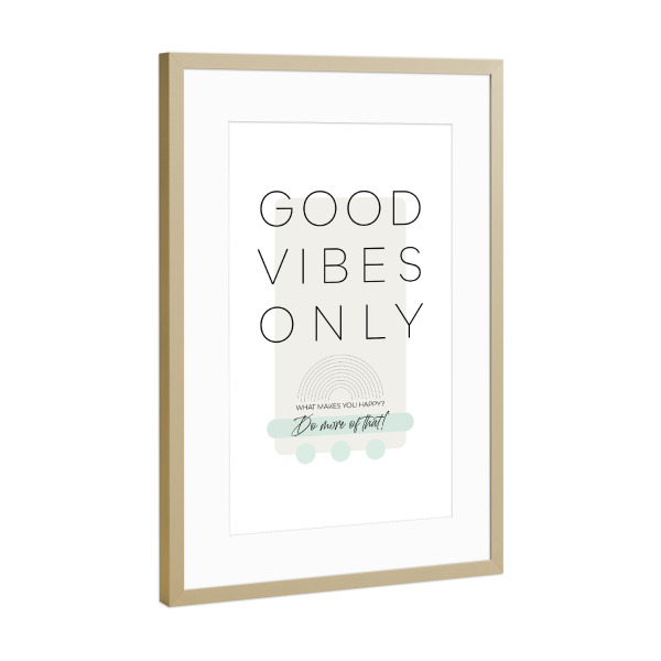 Poster mit Rahmen Gold "What makes you happy - türkis" artboxONE - Typografie