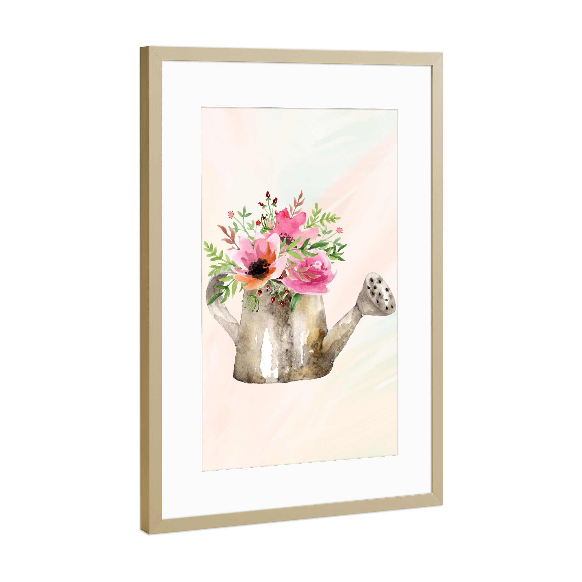 Poster mit Rahmen Gold "Blumen im Gießrohr" artboxONE - Natur,Floral,Fiktion - Aquarell,Vintage,Digitale malerei,Gießkanne,Bilder mit blumen