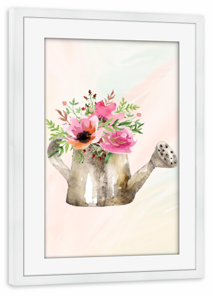 Poster mit Rahmen weiß "Blumen im Gießrohr" artboxONE - Natur,Floral,Fiktion - Aquarell,Vintage,Digitale malerei,Gießkanne,Bilder mit blumen