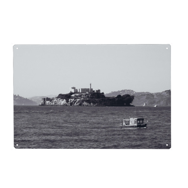 Metall Poster "Alcatraz Island at SFO" artboxONE - Reise,Schwarzweiß,Reise / Strand und Meer,Reise / Länder,Städte / San Francisco