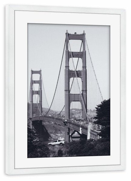 Poster mit Rahmen weiß "Die Golden Gate Brücke at SFO" artboxONE - Reise,Schwarzweiß,Reise / Strand und Meer,Reise / Länder,Städte / San Francisco