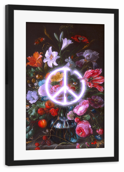 Poster mit Rahmen schwarz "Frieden & Blumen" artboxONE - Floral - Blumen,Pop art,Moderne kunst,Zeitgenössische kunst,Vintage,Retro,Frieden,Malerei