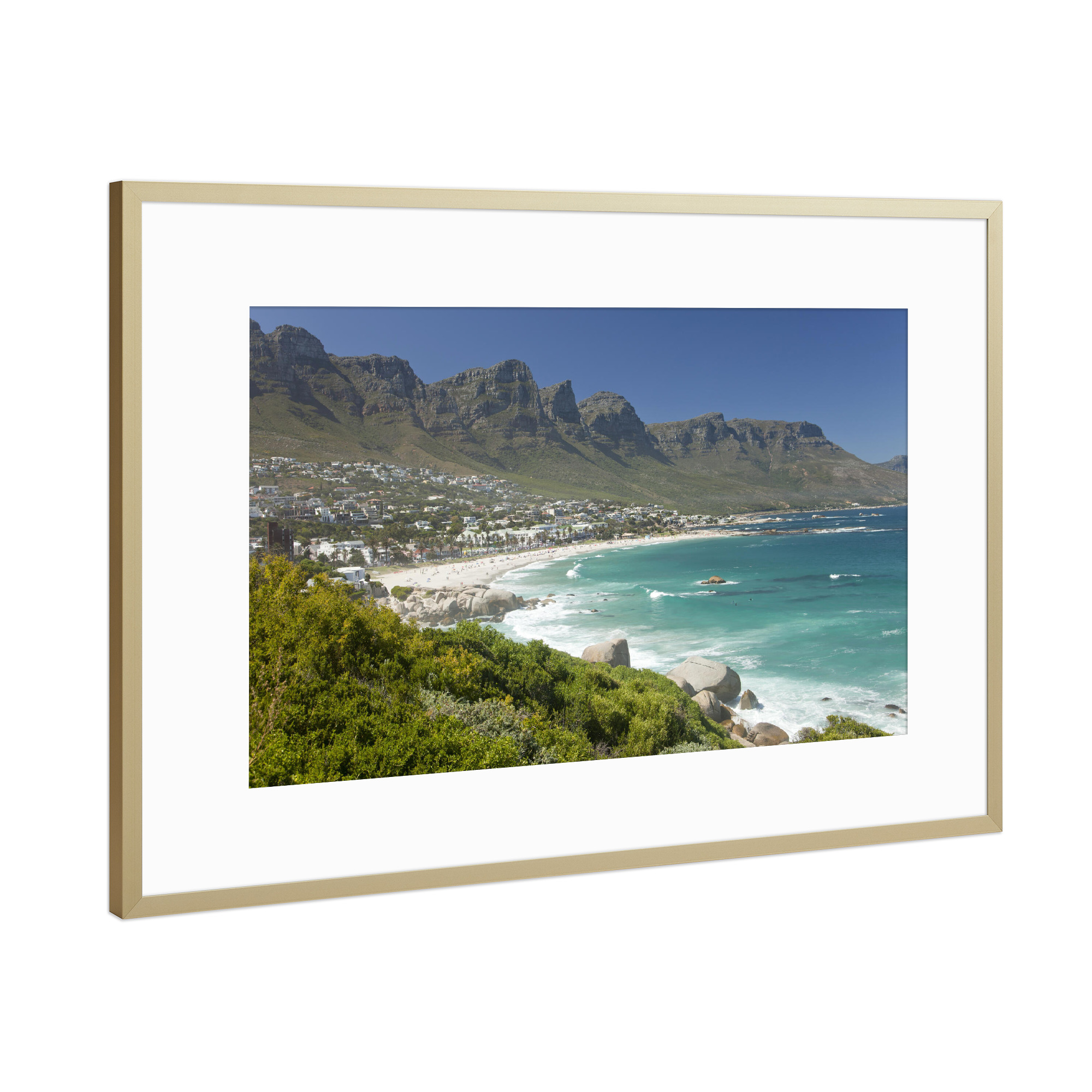 Poster mit Rahmen Gold "Kapstadt" artboxONE - Reise / Strand und Meer - Kapstadt,Westkap,Südafrika,Camps bay,Twelve apostles mountain range,Strand