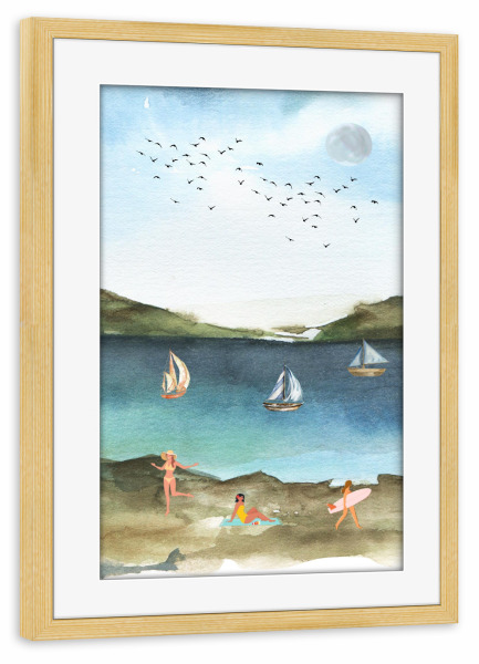 Poster mit Rahmen kiefer "Aquarell Strandmalerei" artboxONE - Natur,Menschen,Liebe
