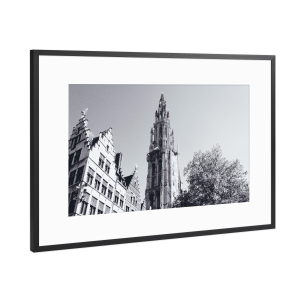 Poster mit Rahmen Schwarz (Metallic) "Liebfrauenkirche at Antwerpen" artboxONE - Städte,Reise,Schwarzweiß,Architektur,Reise / Länder