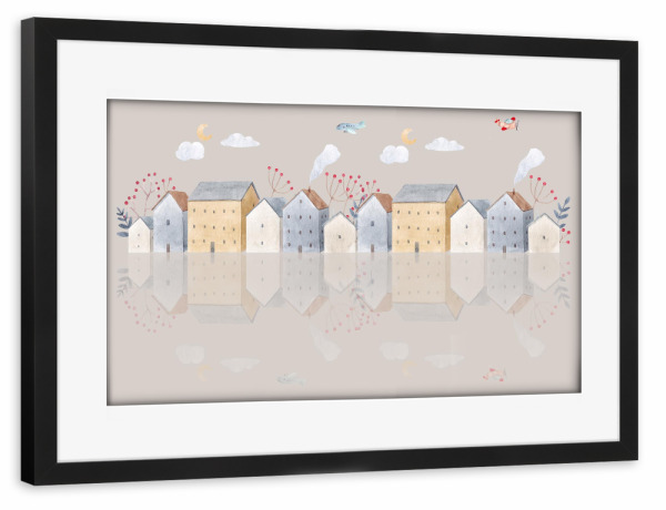 Poster mit Rahmen schwarz "Straßenhäuser Illustration" artboxONE - Für Kinder,Abstrakt,Streetart