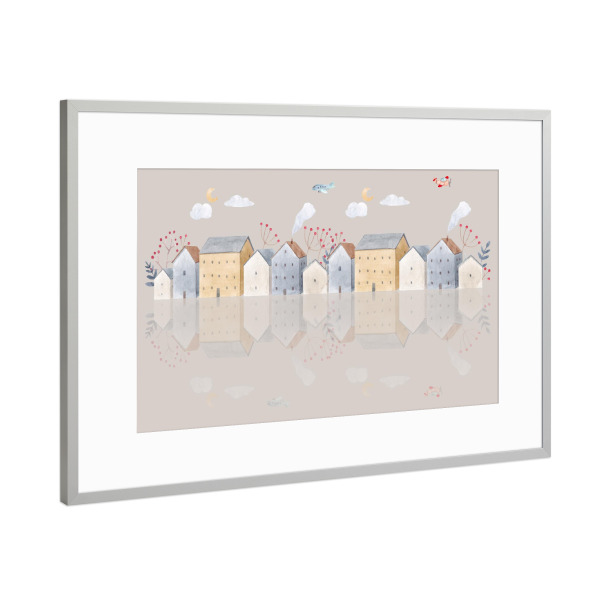 Poster mit Rahmen Silber "Straßenhäuser Illustration" artboxONE - Für Kinder,Abstrakt,Streetart