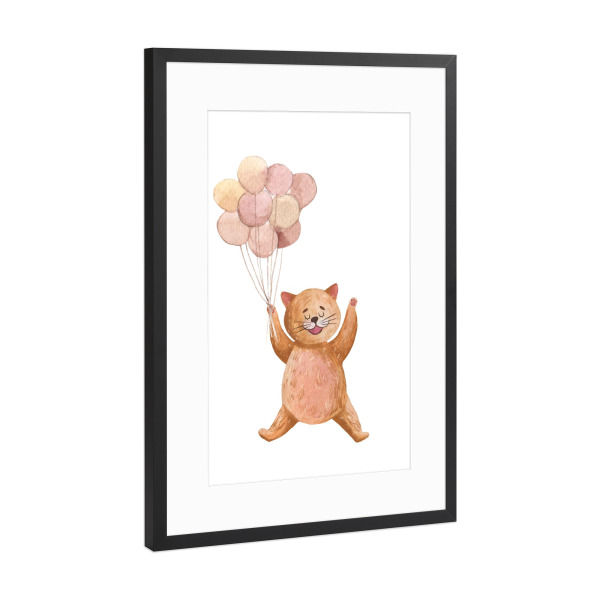 Poster mit Rahmen Schwarz (Metallic) "Nette Katze mit Luftballons" artboxONE - Für Kinder,Tiere,Lustig