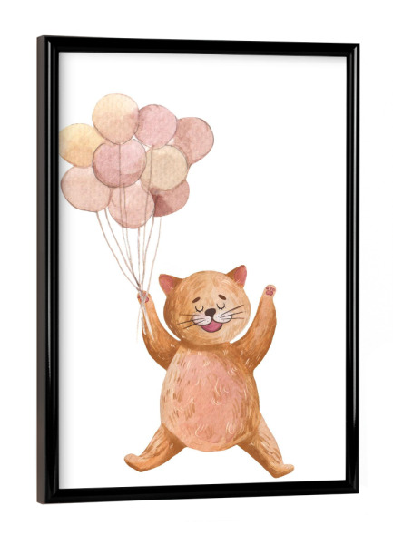 Poster mit schwarzem Rahmen "Nette Katze mit Luftballons" artboxONE - Für Kinder,Tiere,Lustig