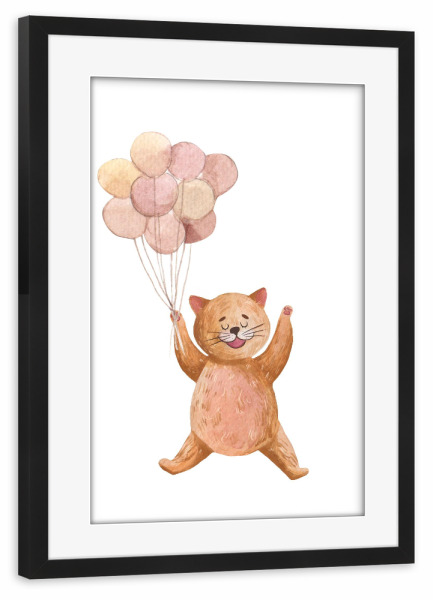 Poster mit Rahmen schwarz "Nette Katze mit Luftballons" artboxONE - Für Kinder,Tiere,Lustig